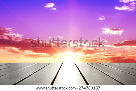 Empty perspective room with sunset sky and wooden plank floor,Template mock up for display of your product