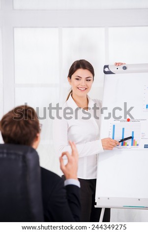 Smiling business woman demonstrating diagrams and graphs to her boss