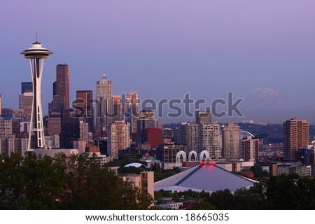 Seattle Skyline and Mount Rainier at Sunset from Kerry Park