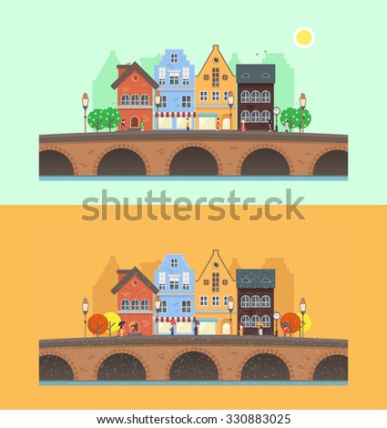 Flat illustrations with spring and autumn season. Vector urban landscape with cityscape elements: house, shops, trees, bridge and people.  Perfect template for web or any designs.
