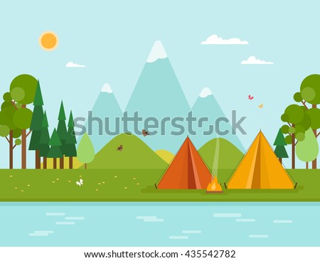 Colorful concept with summer camping. Vector illustration with tent, mountains, forest, fire, river in flat style. Perfect for flyer, poster or promotion design.