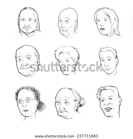 line drawing of nine anonymous faces on white background.