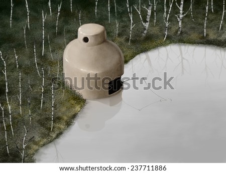 A hand drawn image of small rounded porcelain fishing house on the bank of the lake in the birch wood.