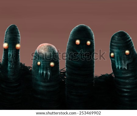 Image of a group of four ferocious ghosts with shining eyes hiding in the field after the sunset.