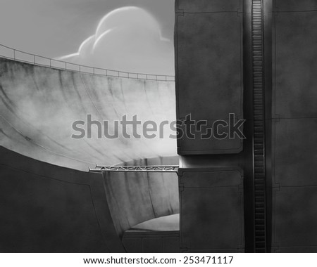 Black and white image of a section of an industrial escape shaft shrouded into the soft atmosphere light.