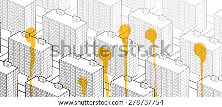 Technical line image of panel house city in isometric view with abstract yellow smudges.