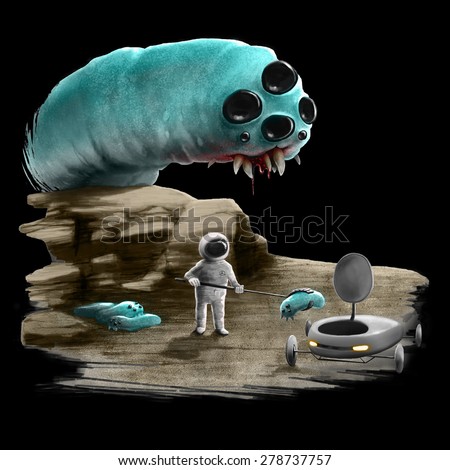 Image of a man in space suit taking a worm whelp while the older one is watching him from behind.