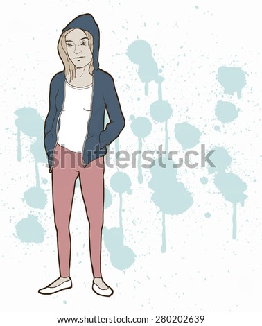 Drawn line image of sexy girl in  pink leggings and blue sweat shirt standing prior to an abstract background with blue smudges.