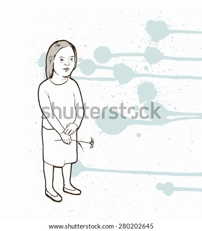 Drawn line image of a girl with down syndrome holding a flower and standing on an abstract background with blue smudges.