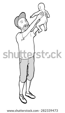 Drawn line image of bearded man with a cap lifting and smiling at a toddler.