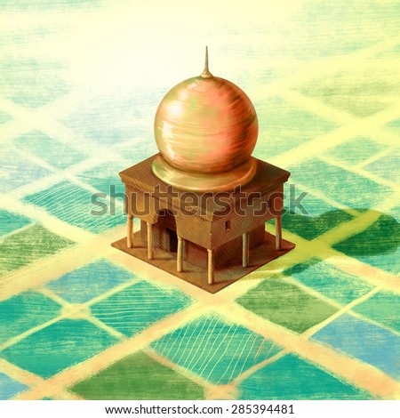 Drawn image of an oriental temple with big shining dome, surrounded by geometric gardens.