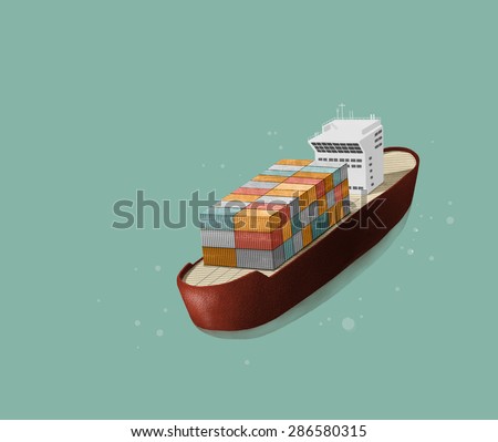 Drawn image of large transportation ship loaded with pile of hods and floating on an abstract blue background.