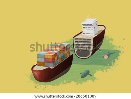Drawn image of large transportation ship loaded with hods and split across so it's levels and oil storage are visible and small whale swimming by that is split too.