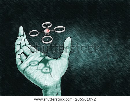 Drawn image of a small drone flying above the hand enlightened by cold blue light.