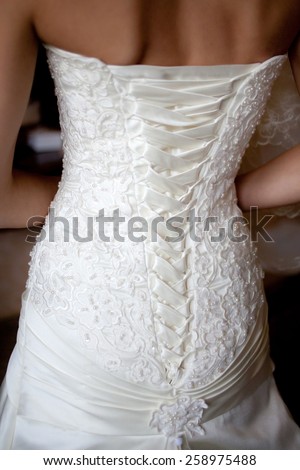 Closeup photo of beautiful bride\'s back in wedding dress