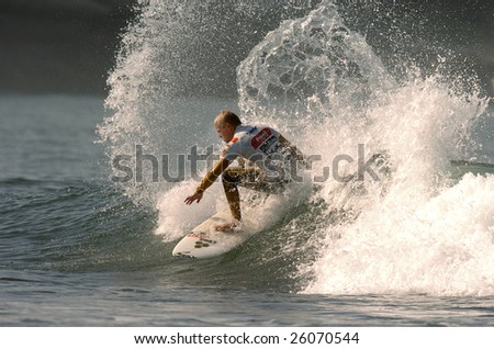 ERICEIRA, PORTUGAL - AUGUST 26 : An unidentified male surfer surfing a wave at Buondi Billabong Pro surfing event in Ericeira, Portugal August 26, 2008.