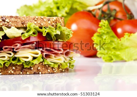 Salami sandwich with cheese lettuce and tomato