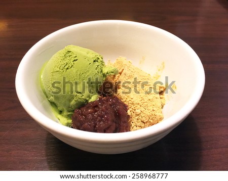 Green Tea Ice Cream with Warabi Mochi and Red Bean