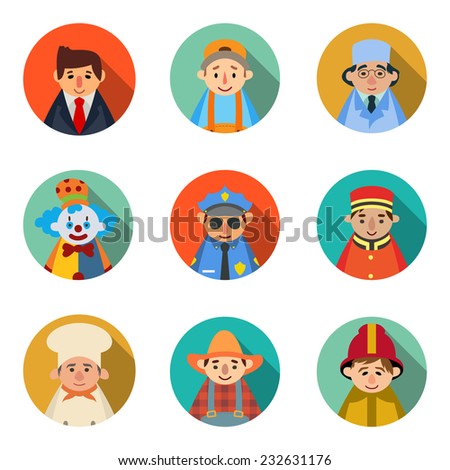 set of 9 people icons in flat style vector profession character. businessman, mechanic, doctor, clown, policeman, doorman, chef, farmer, fireman