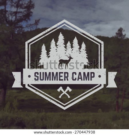 vector camping emblem. outdoor activity symbol with grunge texture on mountain landscape background