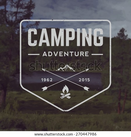 vector camping emblem. outdoor activity symbol with grunge texture on mountain landscape background