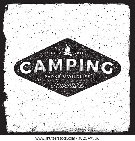 camping vintage emblem. logotype template with campfire. outdoor activity symbol with ink stamp texture