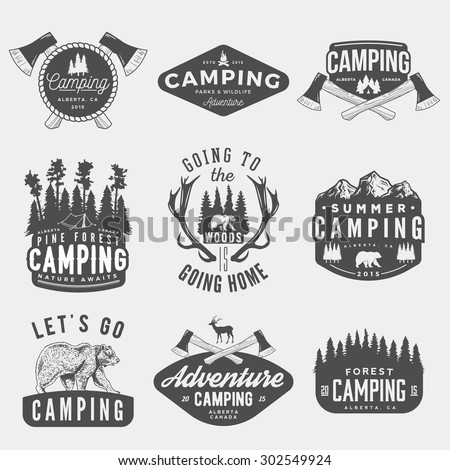 vector set of camping vintage logos, emblems, silhouettes and design elements. logotype templates and badges with mountains, forest, trees, tent, axes, bear, deer. outdoor activity symbols