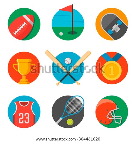 set of sport icons. flat style vector illustration. football helmet and ball, golf field, skateboard, trophy cup, baseball bats and ball, golden medal, basketball jersey, tennis racket and ball