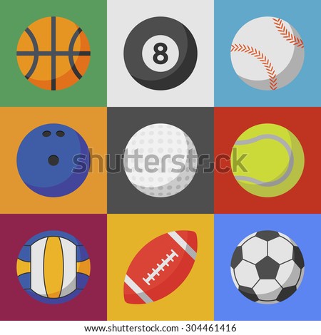 set of sport ball icons. flat style vector illustration. basketball, billiard, baseball, bowling, golf, tennis, volleyball, football, soccer