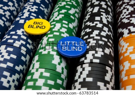 Big Blind Little Blind Rows of multi colored poker chips with big and little blind buttons. Horizontal.