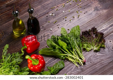 Paprika with aromatic herbs and spices. Healthy food, diet or cooking concept.