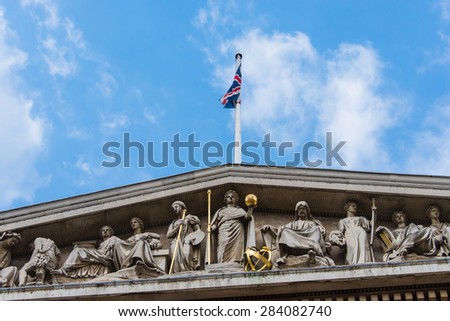 British Museum Statues and Flag in the Front