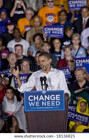 FREDERICKSBURG,VA - SEPT 27: Democratic presidential candidate Barack Obama gestures as he speaks to supporters at a rally on September 27, 2008 in Fredericksburg, Virginia.