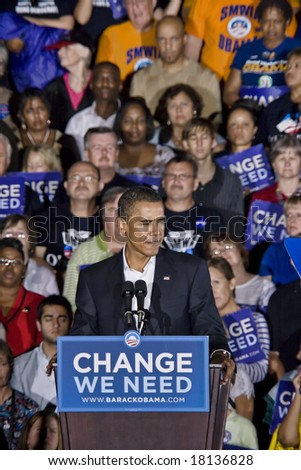 FREDERICKSBURG,VA - SEPT 27: Democratic presidential candidate Barack Obama gestures as he speaks to supporters at a rally on September 27, 2008 in Fredericksburg, Virginia.