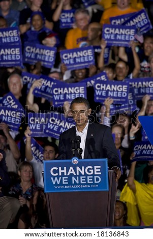 FREDERICKSBURG,VA - SEPT 27: Democratic presidential candidate Barack Obama pauses as he speaks to supporters at a rally on September 27, 2008 in Fredericksburg, Virginia.