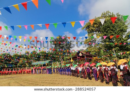 Kachin Manau Festival: Manau traditional event of Kachin\'s tribe to worship God and wish The king of Thailand on 6 December 2014 at Banmai Samahki, Chiang Dao, Chiang Mai, Thailand