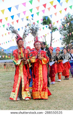 The Kachin Manau Festival: Manau traditional event of Kachin\'s tribe to worship God and wish The king of Thailand on 6 December 2014 at Banmai Samahki, Chiang Dao, Chiang Mai, Thailand
