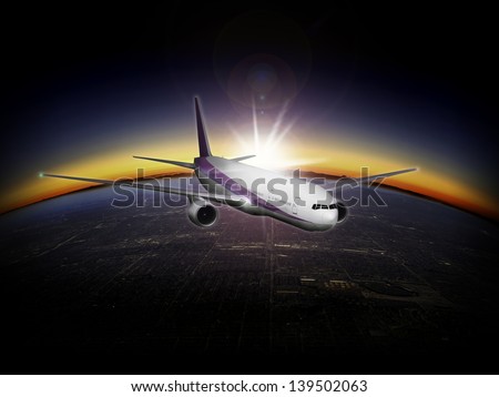 Artists impression: Modern airliner at very high altitude with sunrise - sunset and the curvature of the earth