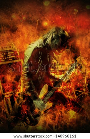 Stylized image of a Heavy Metal bass guitar player live on stage.