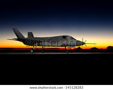 Artist impression of F-35 next generation aircraft sitting on the runway at dawn.