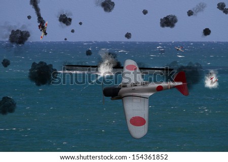 Japanese WWII aircraft attacking an American aircraft carrier in the Pacific circa 1942. - Oil Painting Style Artist\'s impression.
