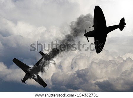 Artist impression of a scene from the battle of Britain that raged in 1940 during World War 2. British fighter shooting down a German fighter.
