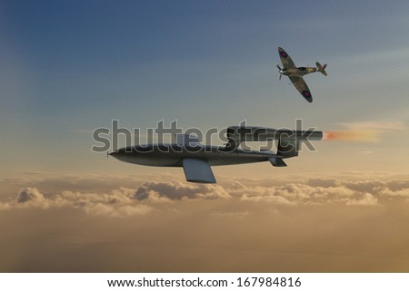 Spitfire aircraft trying to intercept V1 Flying Bomb of World War 2 used by the Germans to attack London, England. (Artist Impression Digital Painting)
