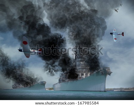 Digital Oil Painting of an attack similar to Pearl Harbor in World War 2.