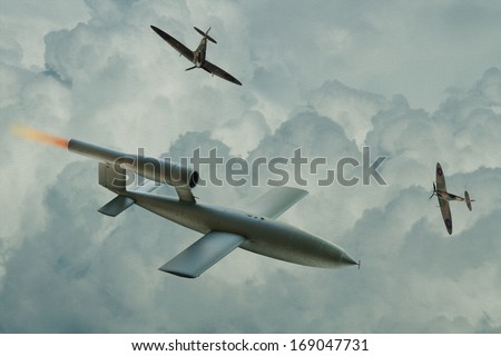 Spitfire aircraft trying to intercept V1 Flying Bomb of World War 2 used by the Germans to attack London, England.  (Artist Impression Digital \'Oil Painting style\' Image)
