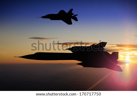 Silhouette of a latest generation stealth fighter plane and a first generation stealth reconnaissance plane from 1960\'s. At sunset or sunrise. (Computer image, artist\'s impression)