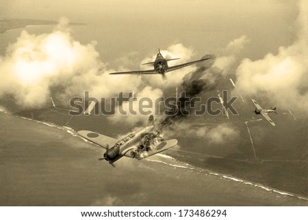 \'Vintage Style\' Image Of A World War 2 Us Fighter Plane Shooting Down Japanese Torpedo Bomber Over Saipan. (Artists Impression)