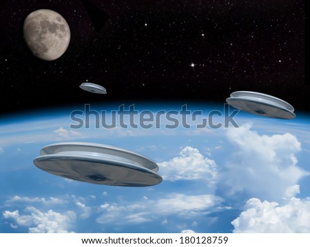 3 UFOs entering the earths atmosphere with the moon visible in the distance. Alien invasion! Welcome our new overlords!