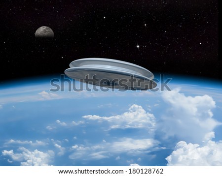 A UFO entering the earth\'s atmosphere with the moon visible in the distance. Alien invasion! Welcome our new overlords!