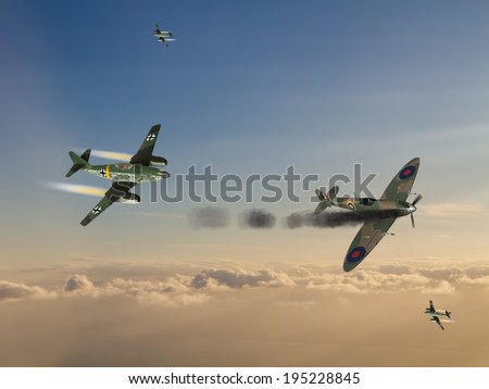 World War 2 German Jet Fighters attacking British fighter plane. (Computer illustration)